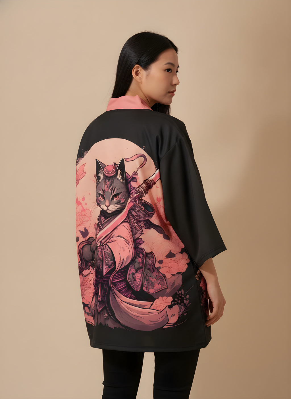 Red Sun Samurai Cat Haori Kimono, back view on model