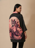 Red Sun Samurai Cat Haori Kimono, back view on model