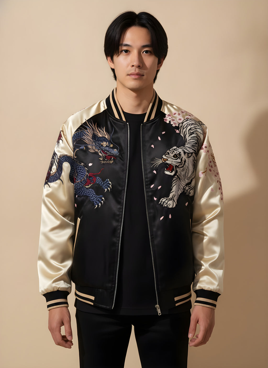 Tiger & Dragon Satin Sukajan with Cream Sleeves, front view on model