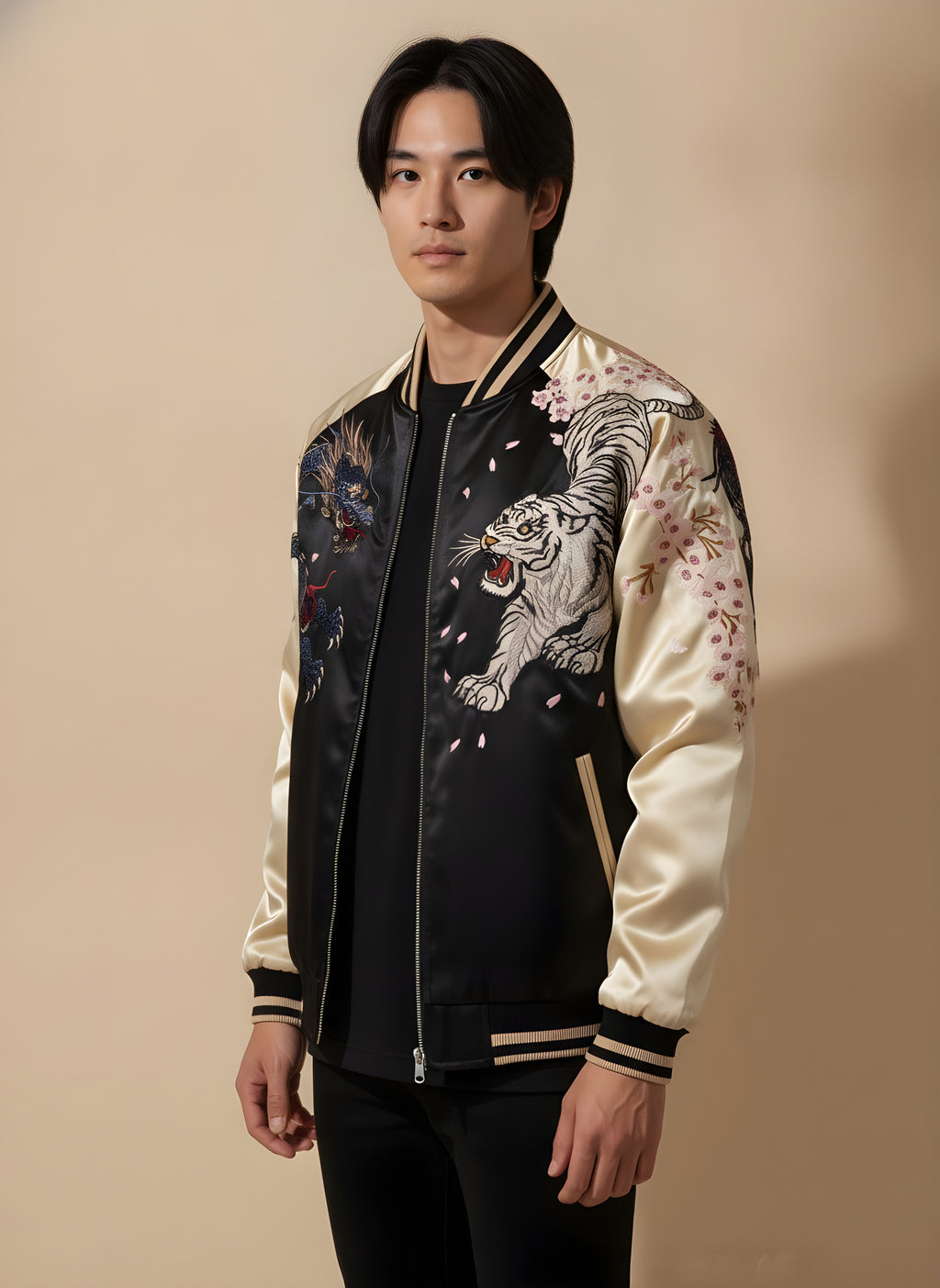 Tiger & Dragon Satin Sukajan with Cream Sleeves, side view on model