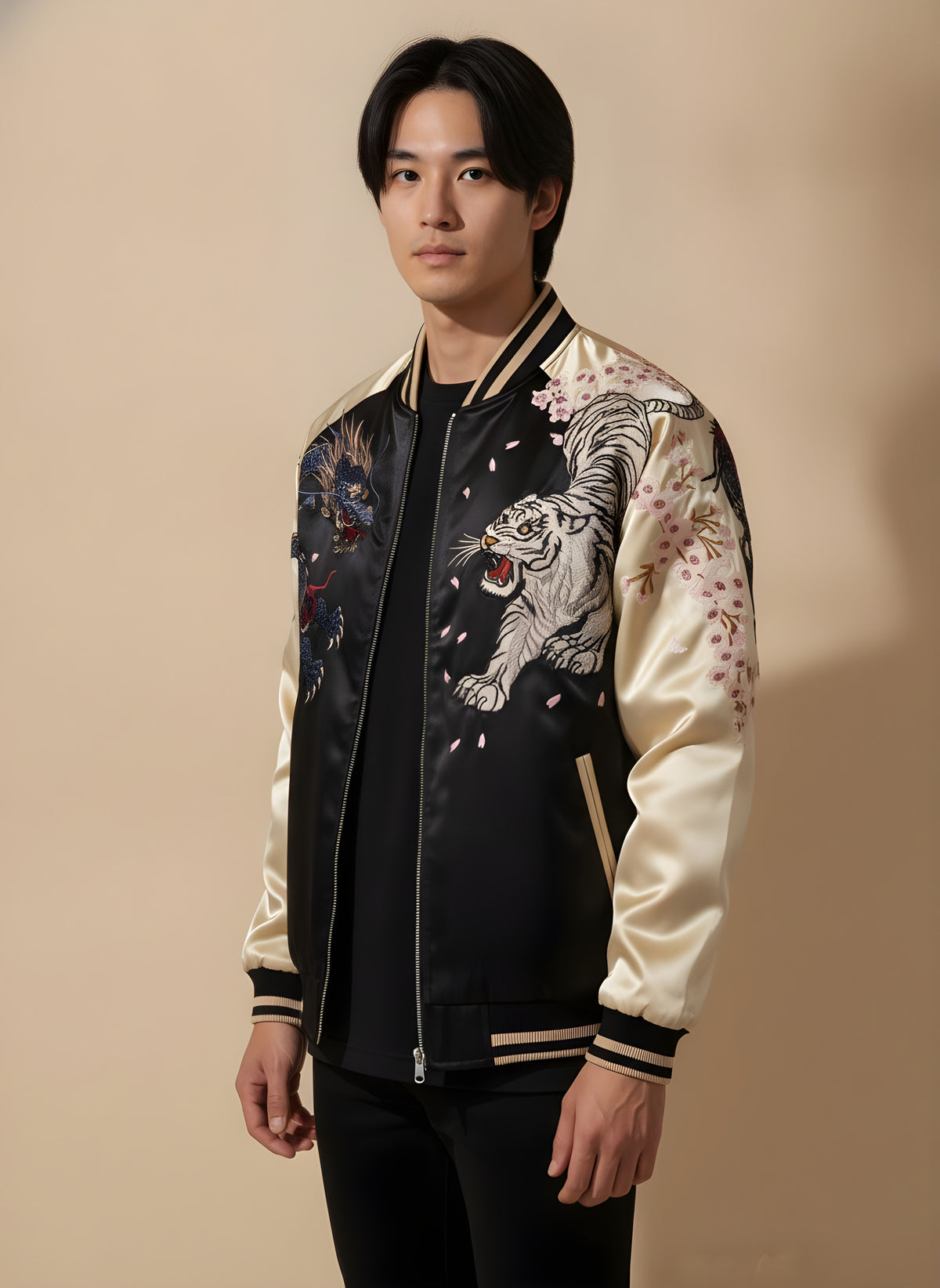 Tiger & Dragon Satin Sukajan with Cream Sleeves, side view on model