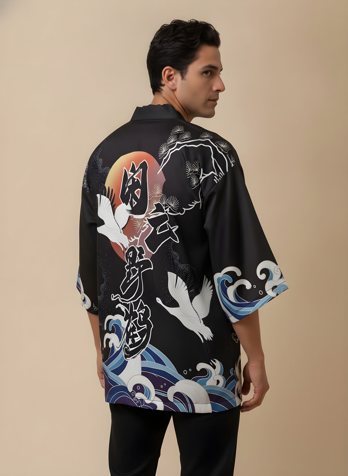 Crane & Wave Haori Top in Black, back view on model