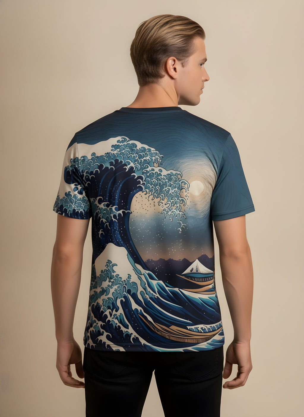 Great Wave Print T-Shirt for Adults & Kids, back view on model