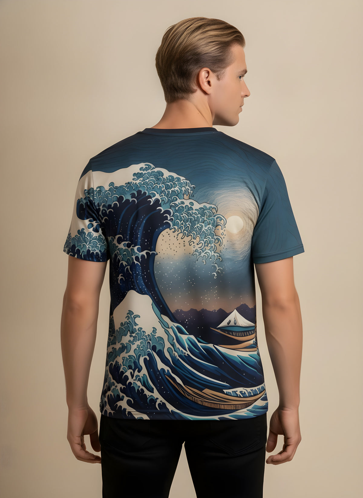 Great Wave Print T-Shirt for Adults & Kids, back view on model