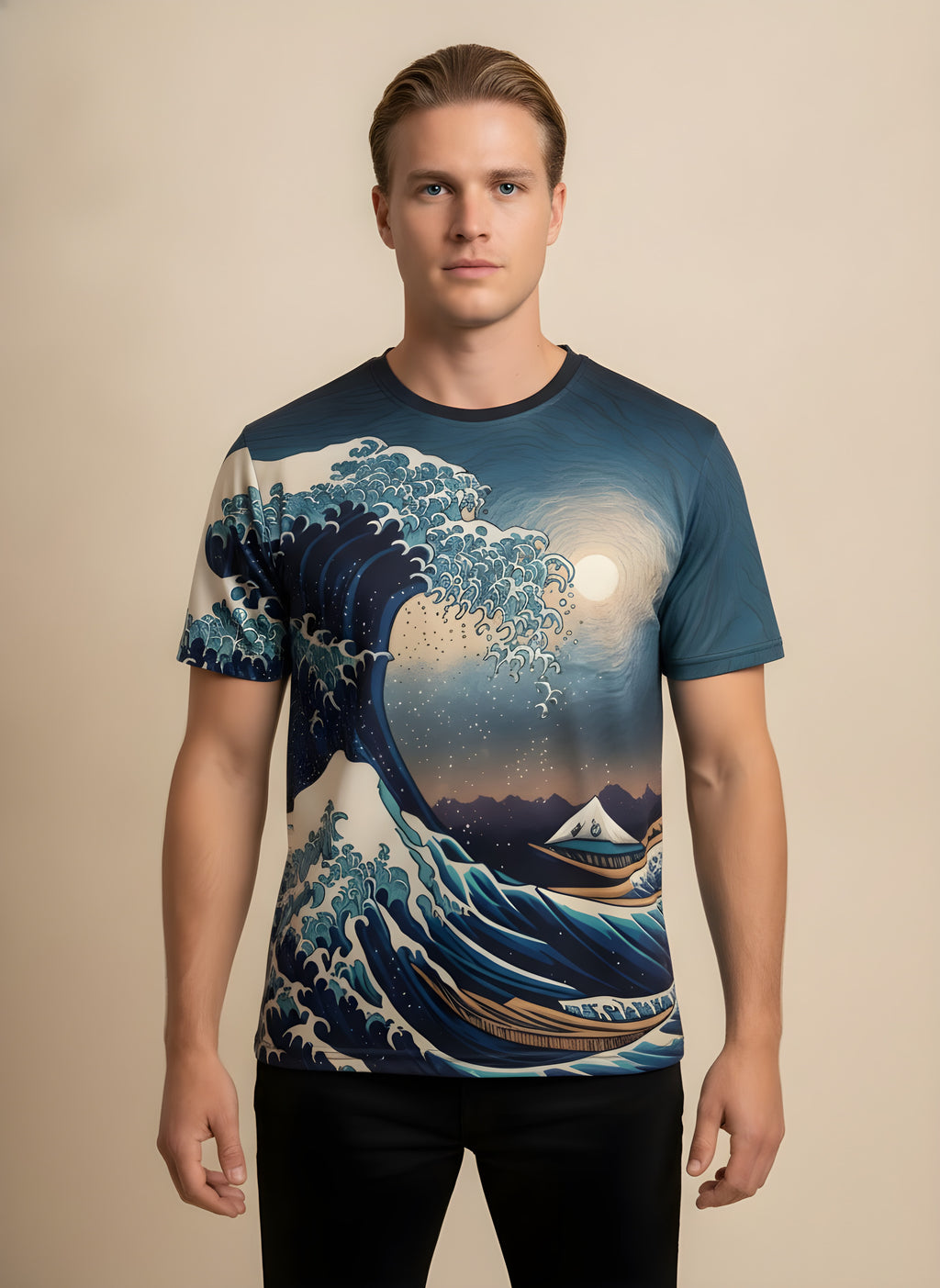 Great Wave Print T-Shirt for Adults & Kids, front view on model