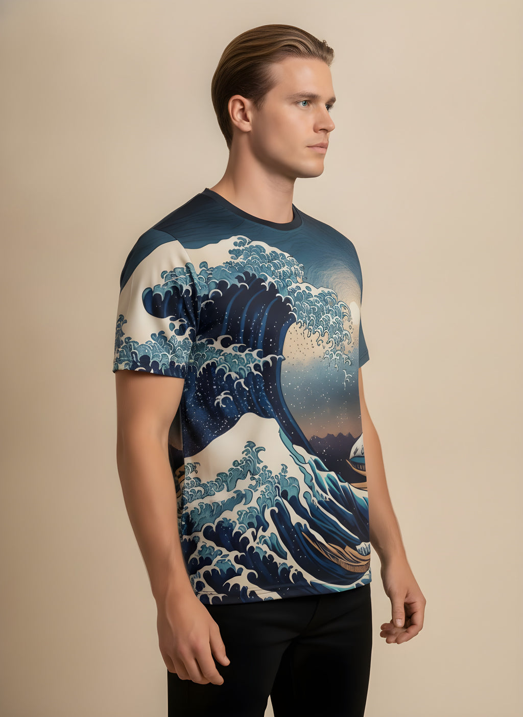 Great Wave Print T-Shirt for Adults & Kids, side view on model