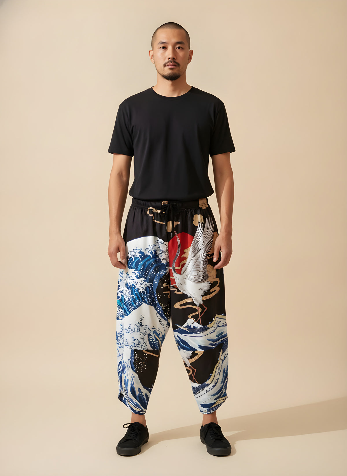 Great Wave Kimono Harem Pants, front view on model