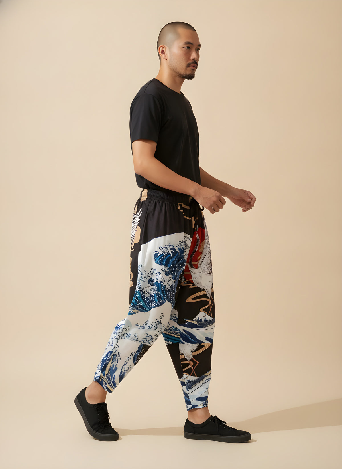 Great Wave Kimono Harem Pants, side view on model