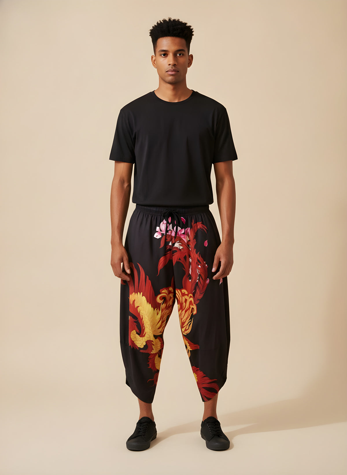 Phoenix Flame Kimono Harem Pants, front view on model