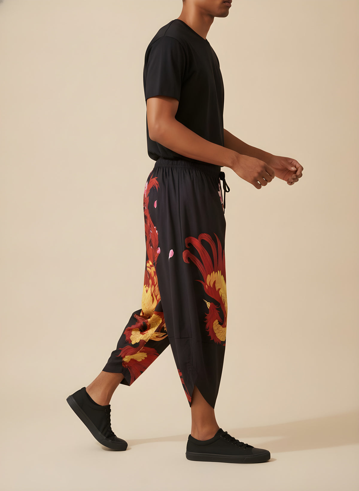 Phoenix Flame Kimono Harem Pants, side view on model