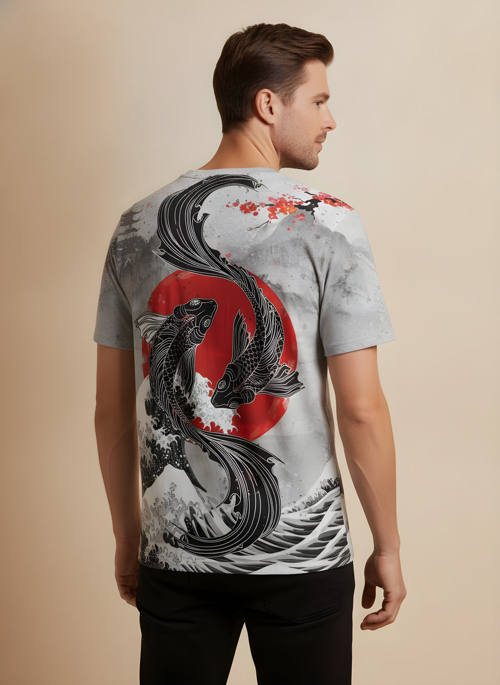 Koi & Red Sun Print T-Shirt for Adults & Kids, back view on model