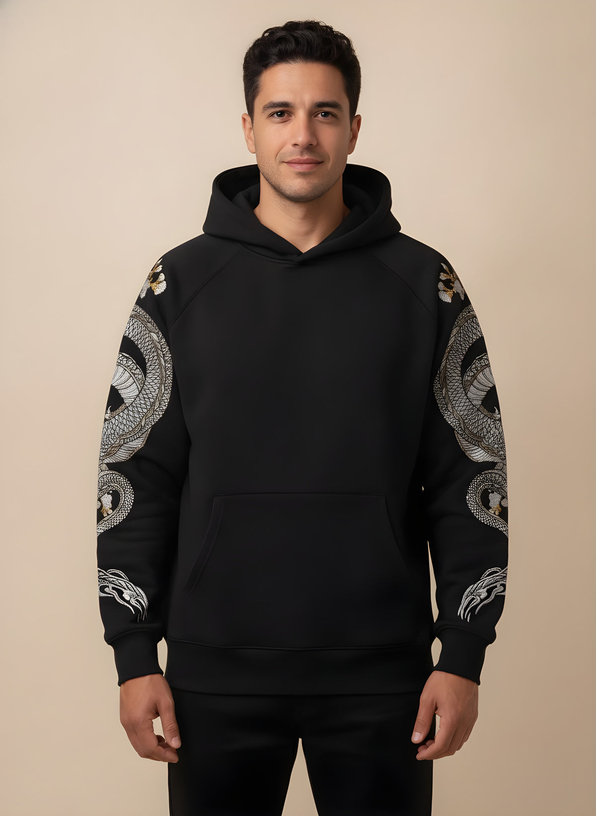 Suzaku Phoenix Embroidered Hoodie, front view on model