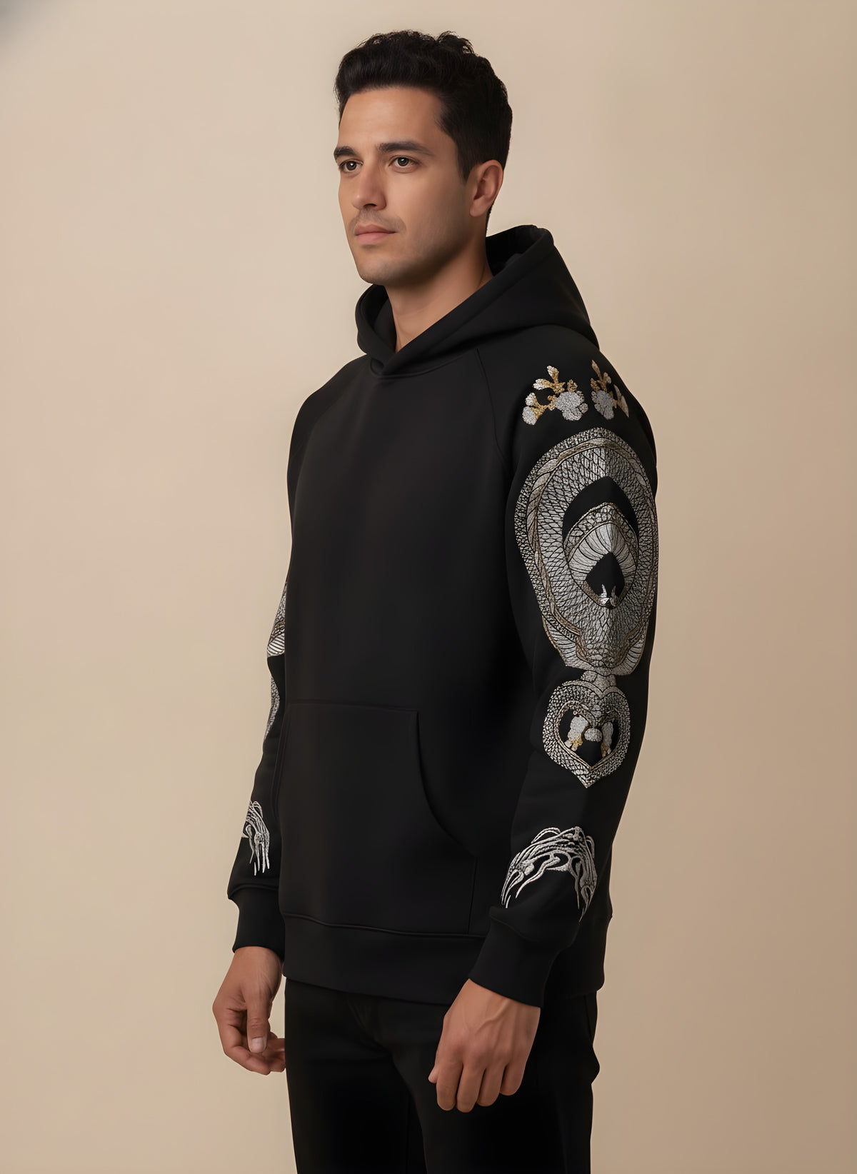 Suzaku Phoenix Embroidered Hoodie, side view on model