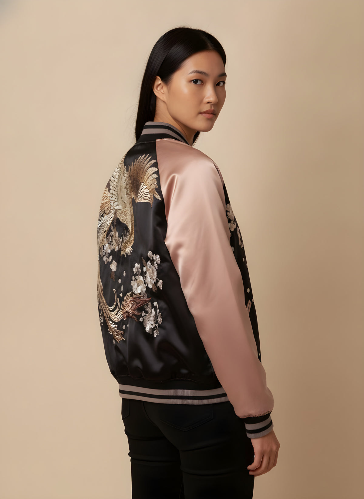 Sakura Phoenix Sukajan Jacket in Champagne, back view on model