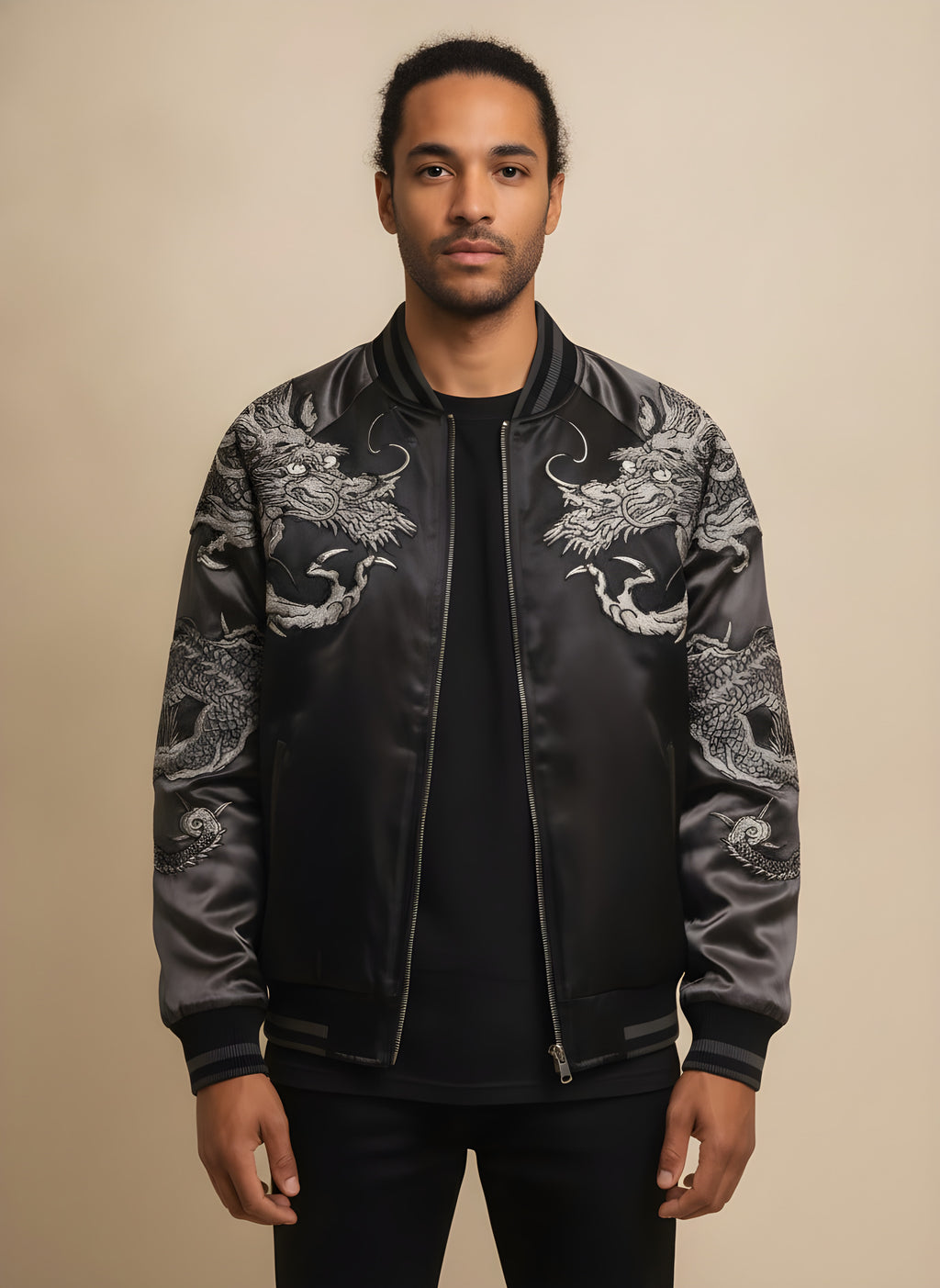 Yokosuka Dragon Embroidered Jacket with Gray Sleeves, front view on model