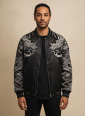 Yokosuka Dragon Embroidered Jacket with Gray Sleeves, front view on model