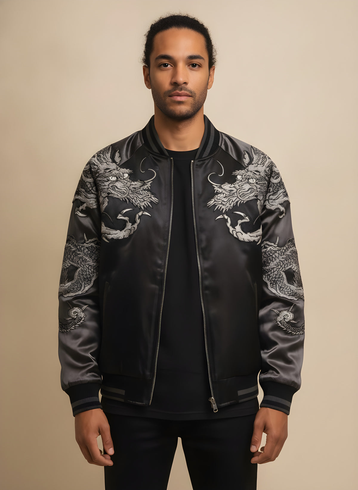 Yokosuka Dragon Embroidered Jacket with Gray Sleeves, front view on model