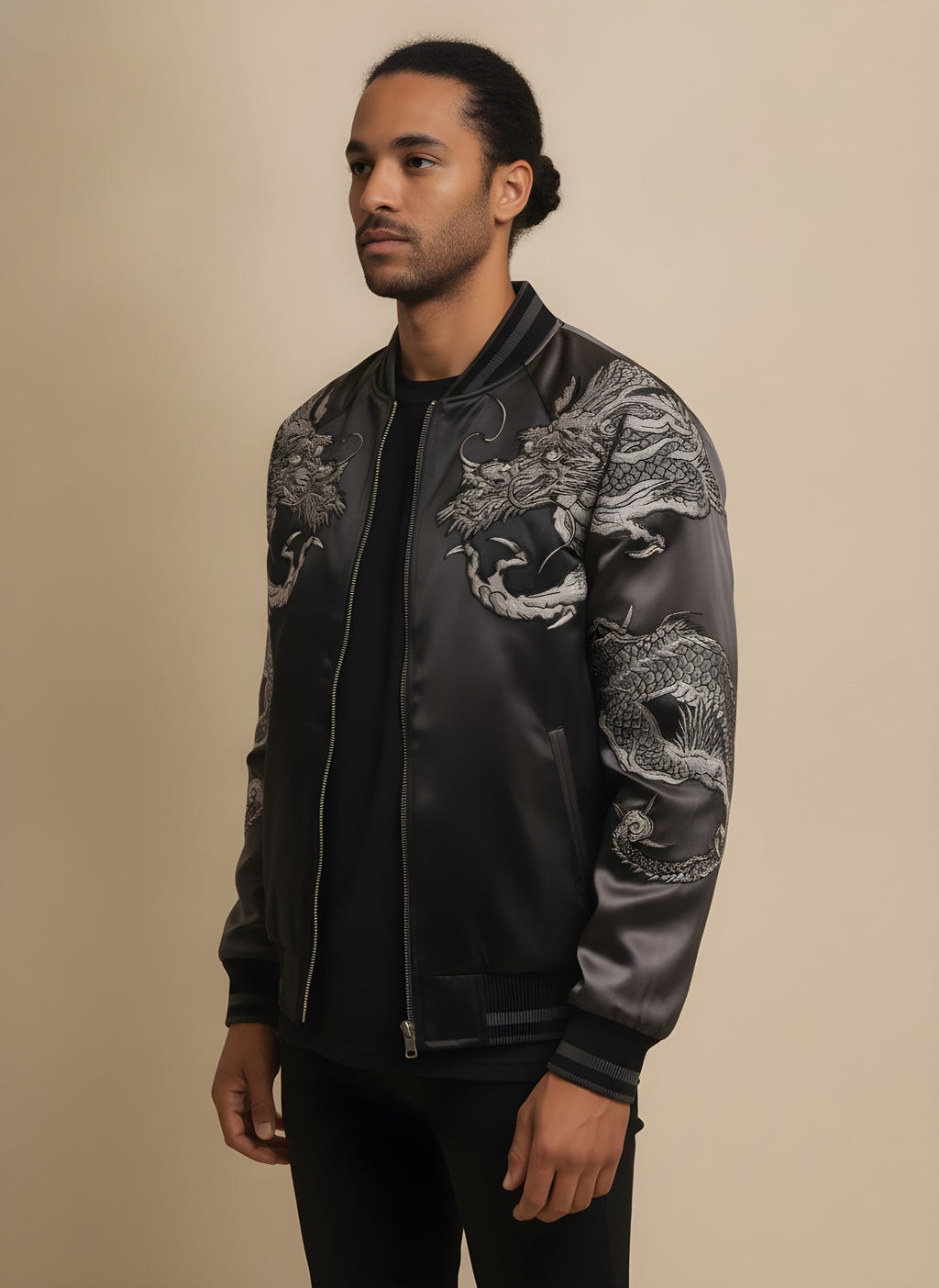 Yokosuka Dragon Embroidered Jacket with Gray Sleeves, side view on model