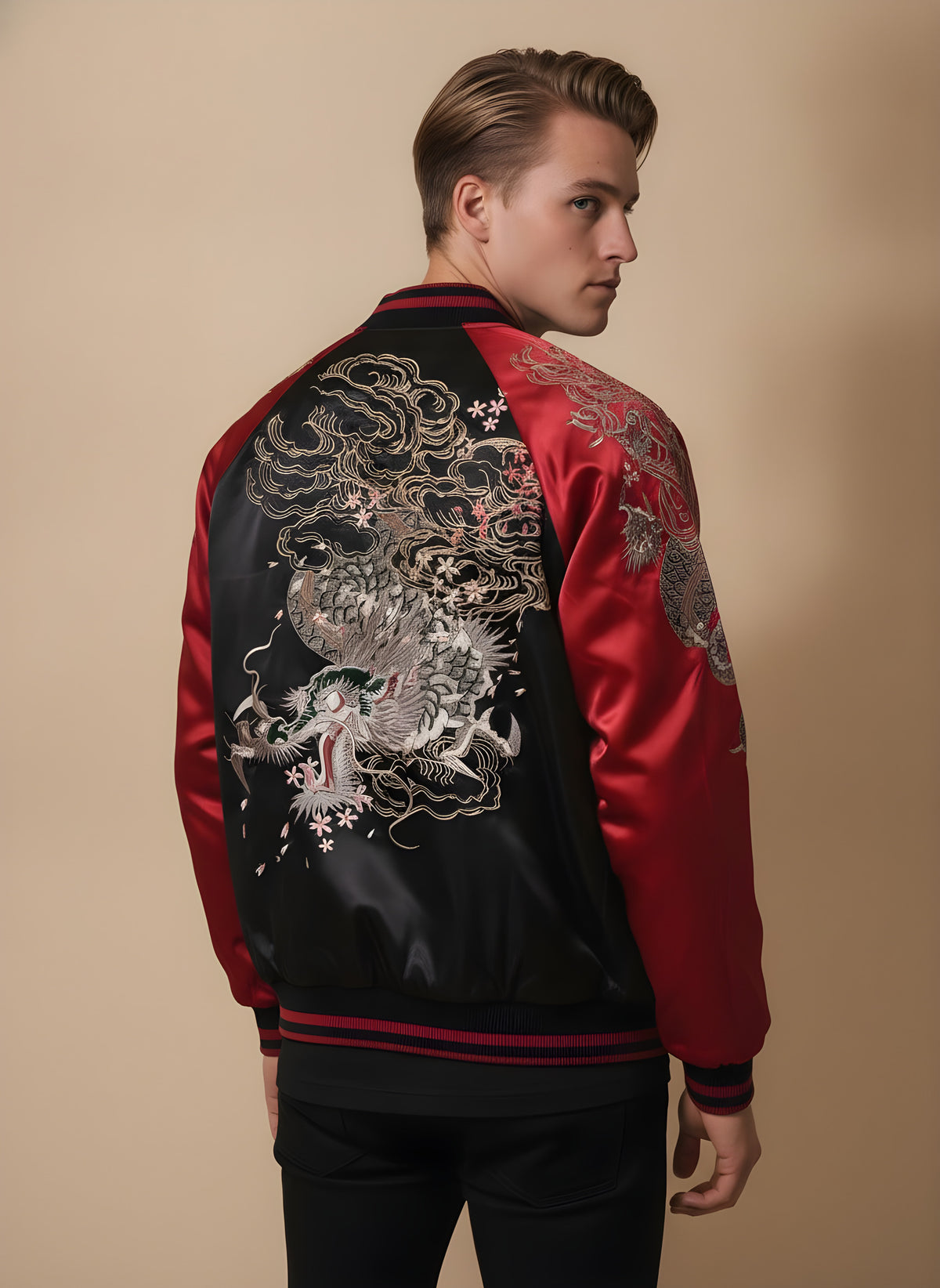Classic Dragon Sukajan Jacket in Red, back view on model