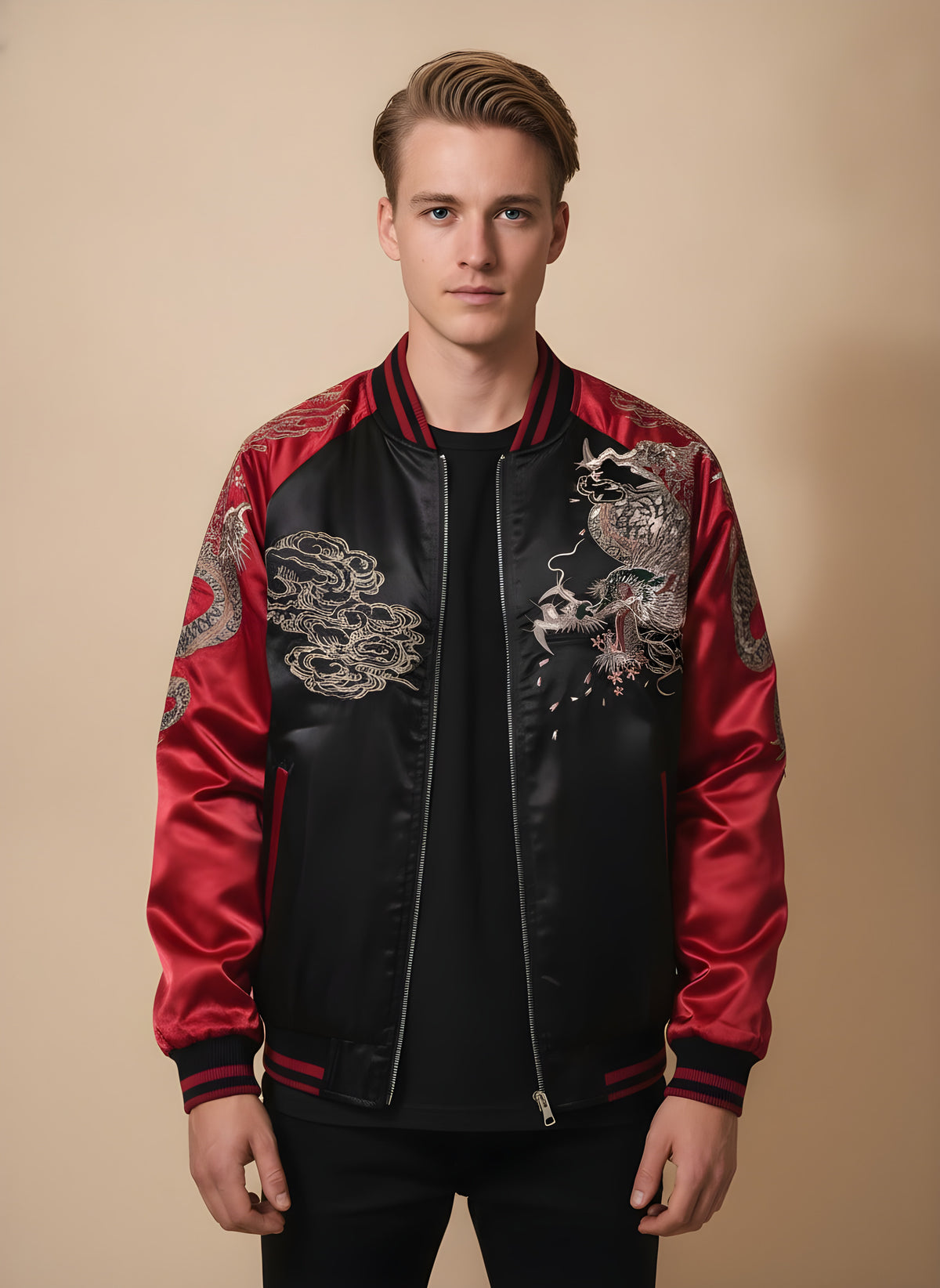 Classic Dragon Sukajan Jacket in Red, front view on model