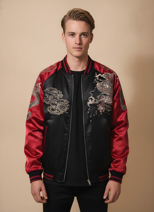 Classic Dragon Sukajan Jacket in Red, front view on model