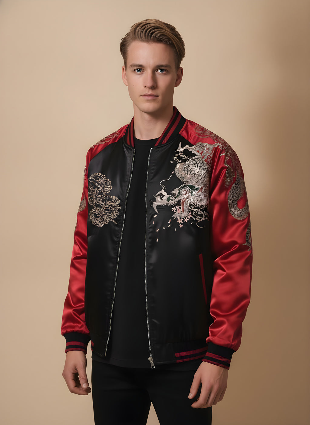 Classic Dragon Sukajan Jacket in Red, side view on model