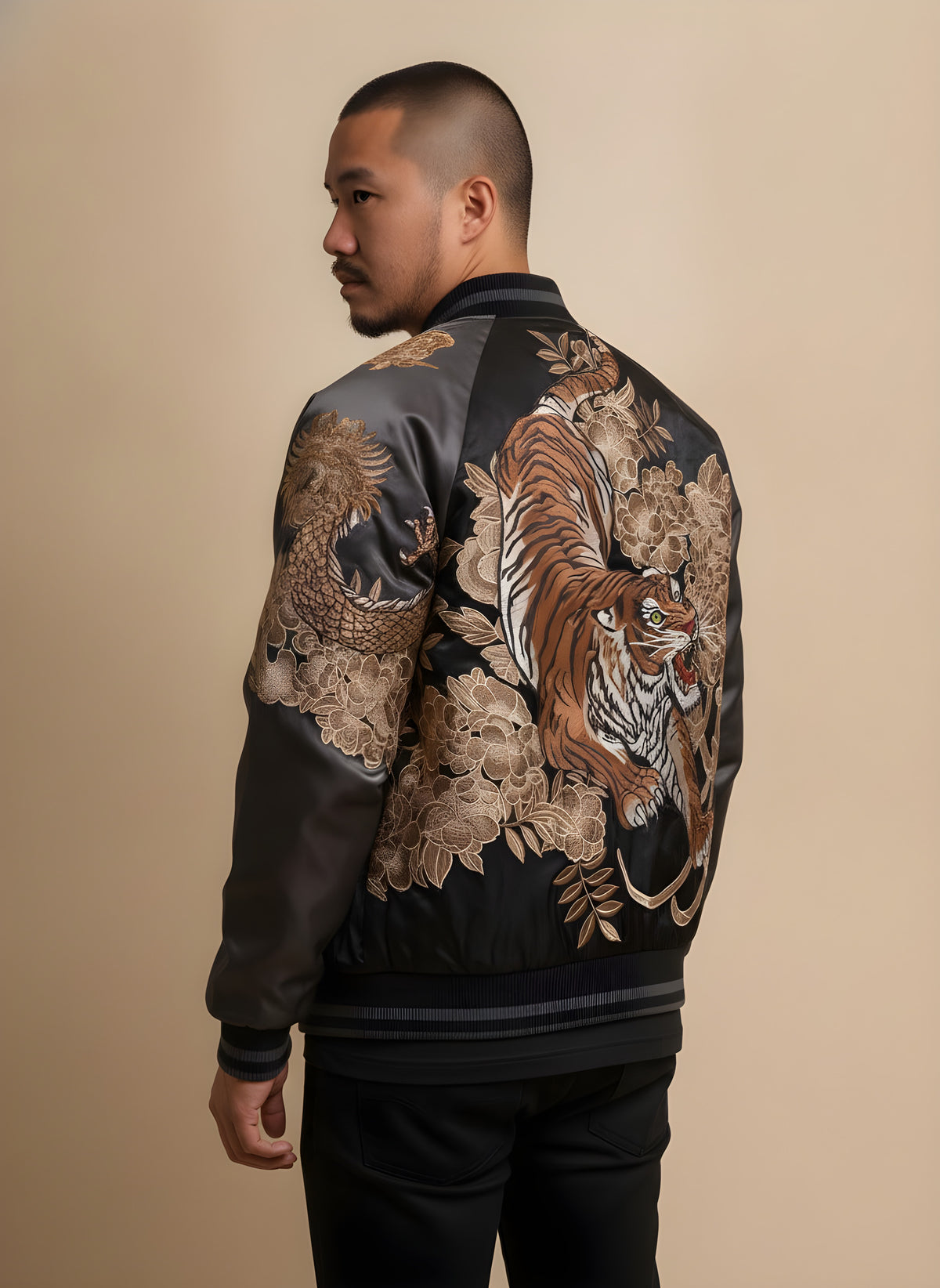 Dragon & Tiger Embroidered Bomber Jacket in Charcoal, back view on model