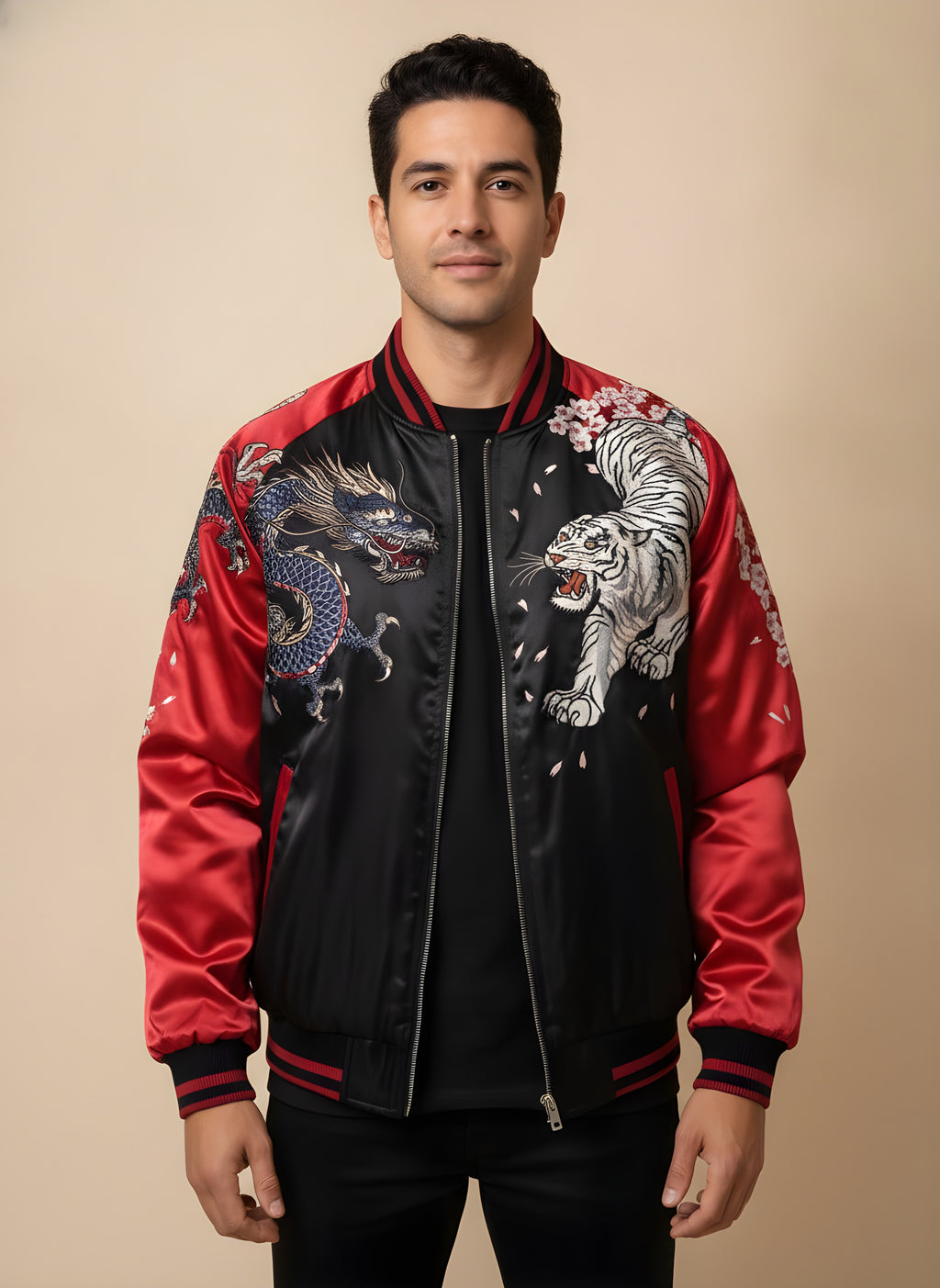 Tiger & Dragon Satin Sukajan with Red Sleeves, front view on model