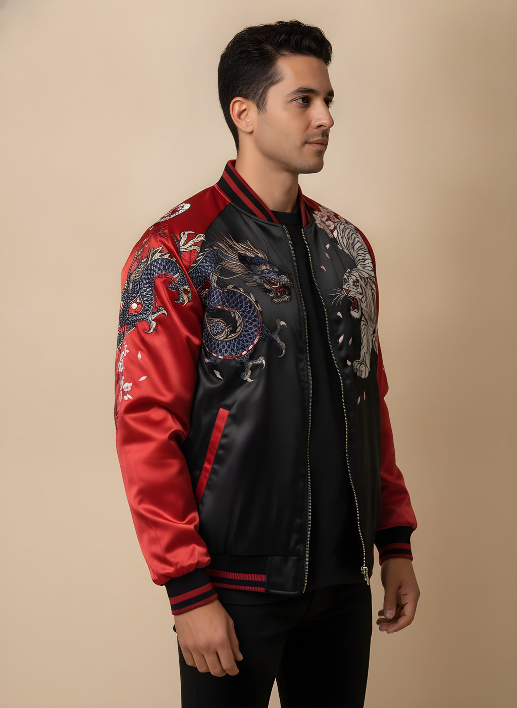 Tiger & Dragon Satin Sukajan with Red Sleeves, side view on model