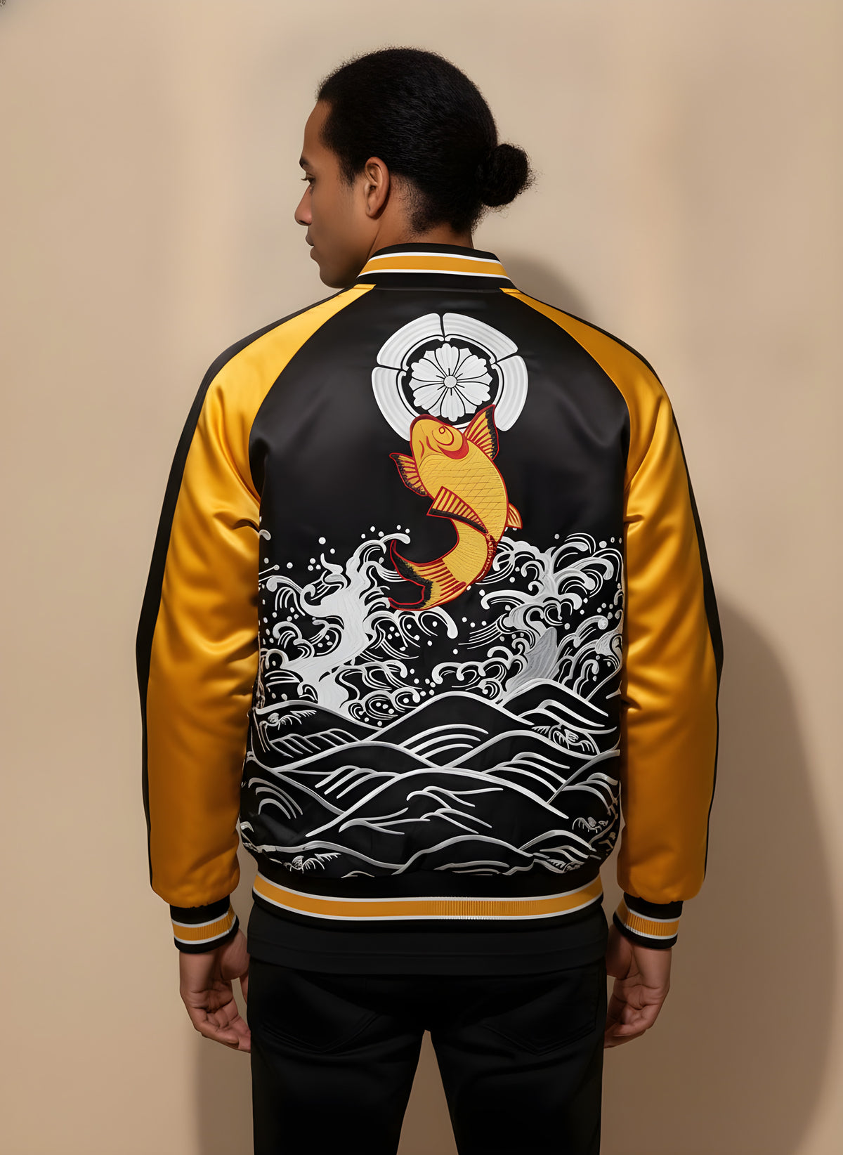 Golden Koi Embroidered Sukajan Jacket in Yellow, back view on model