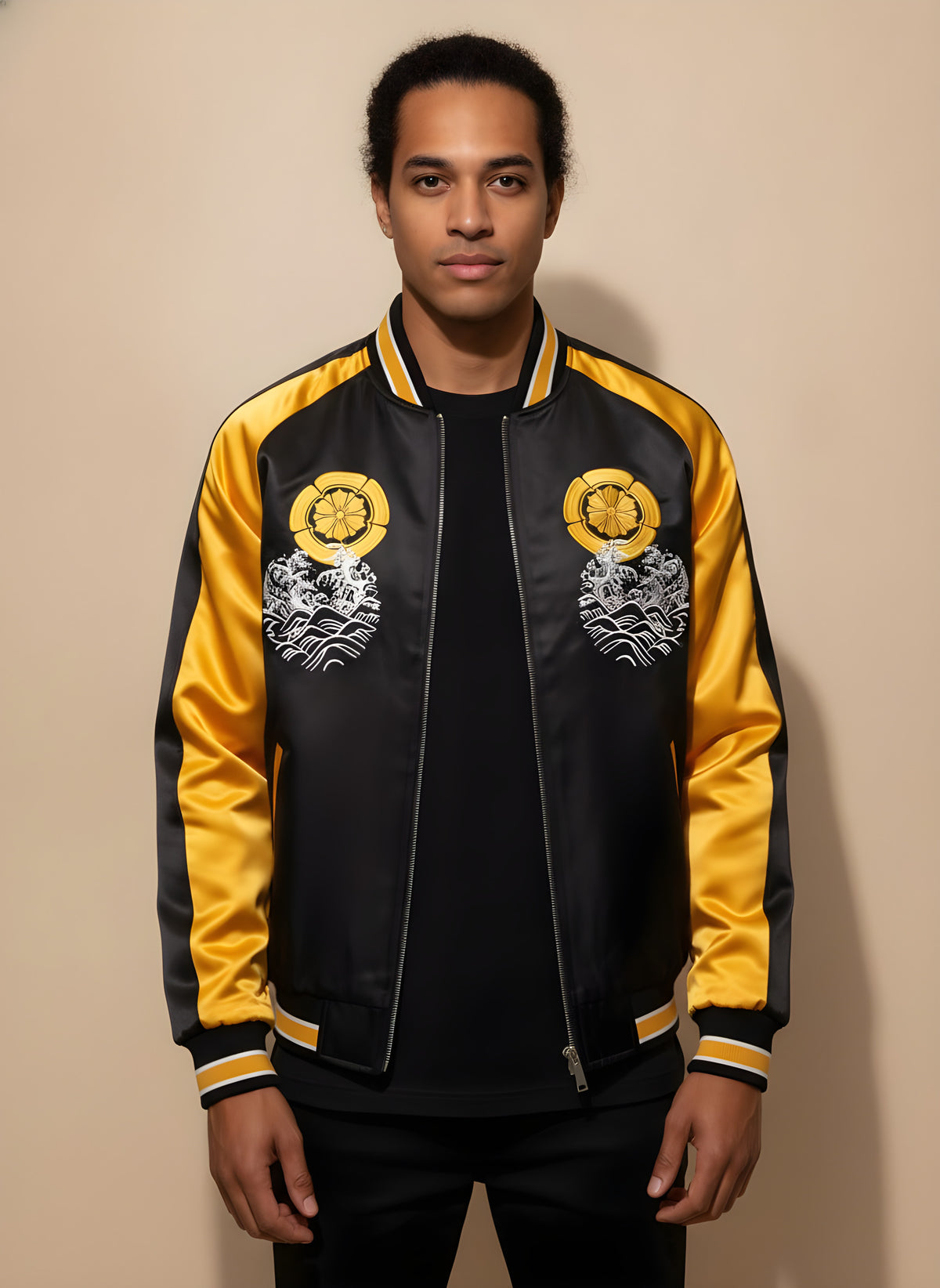 Golden Koi Embroidered Sukajan Jacket in Yellow, front view on model