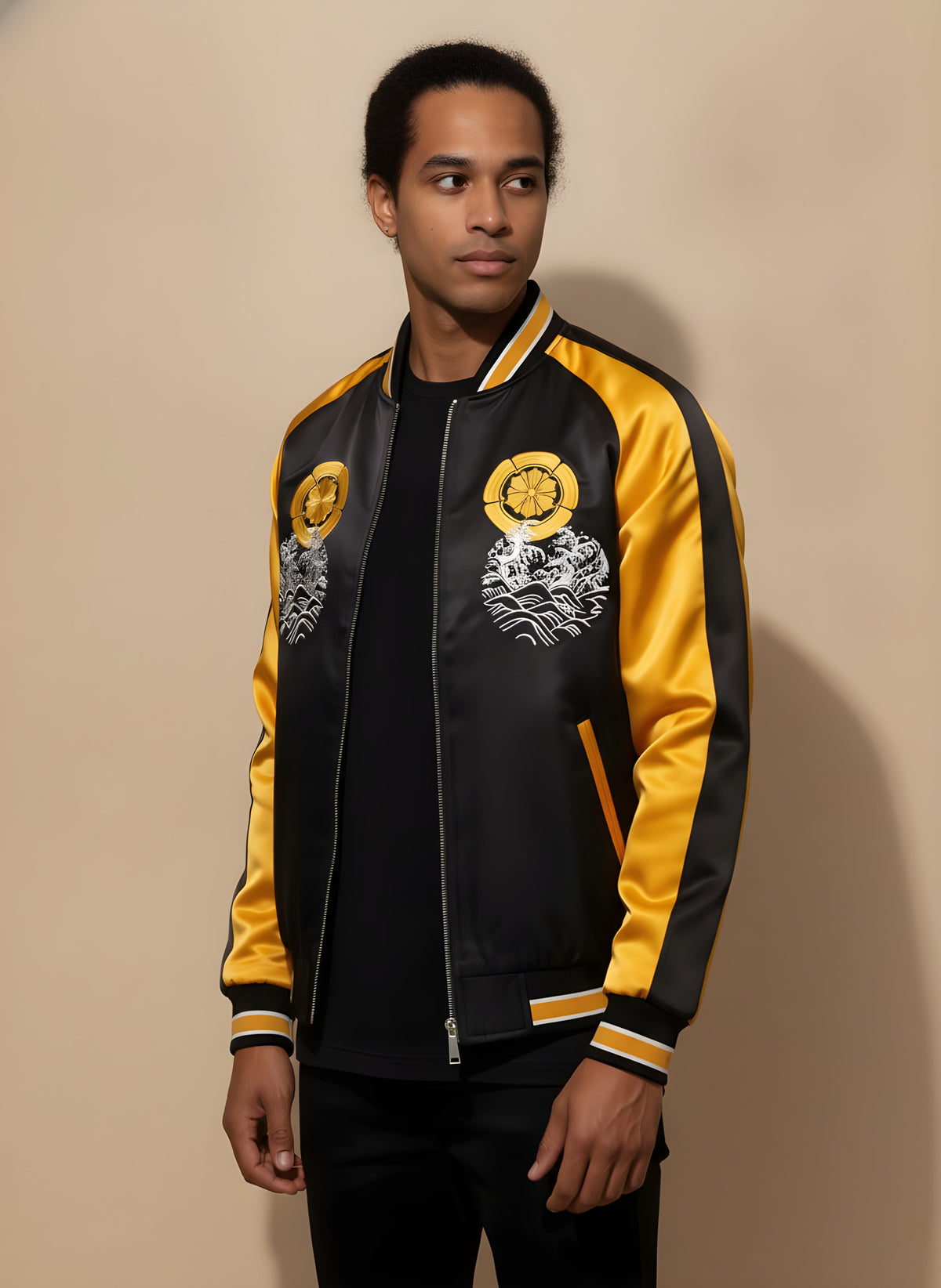 Golden Koi Embroidered Sukajan Jacket in Yellow, side view on model