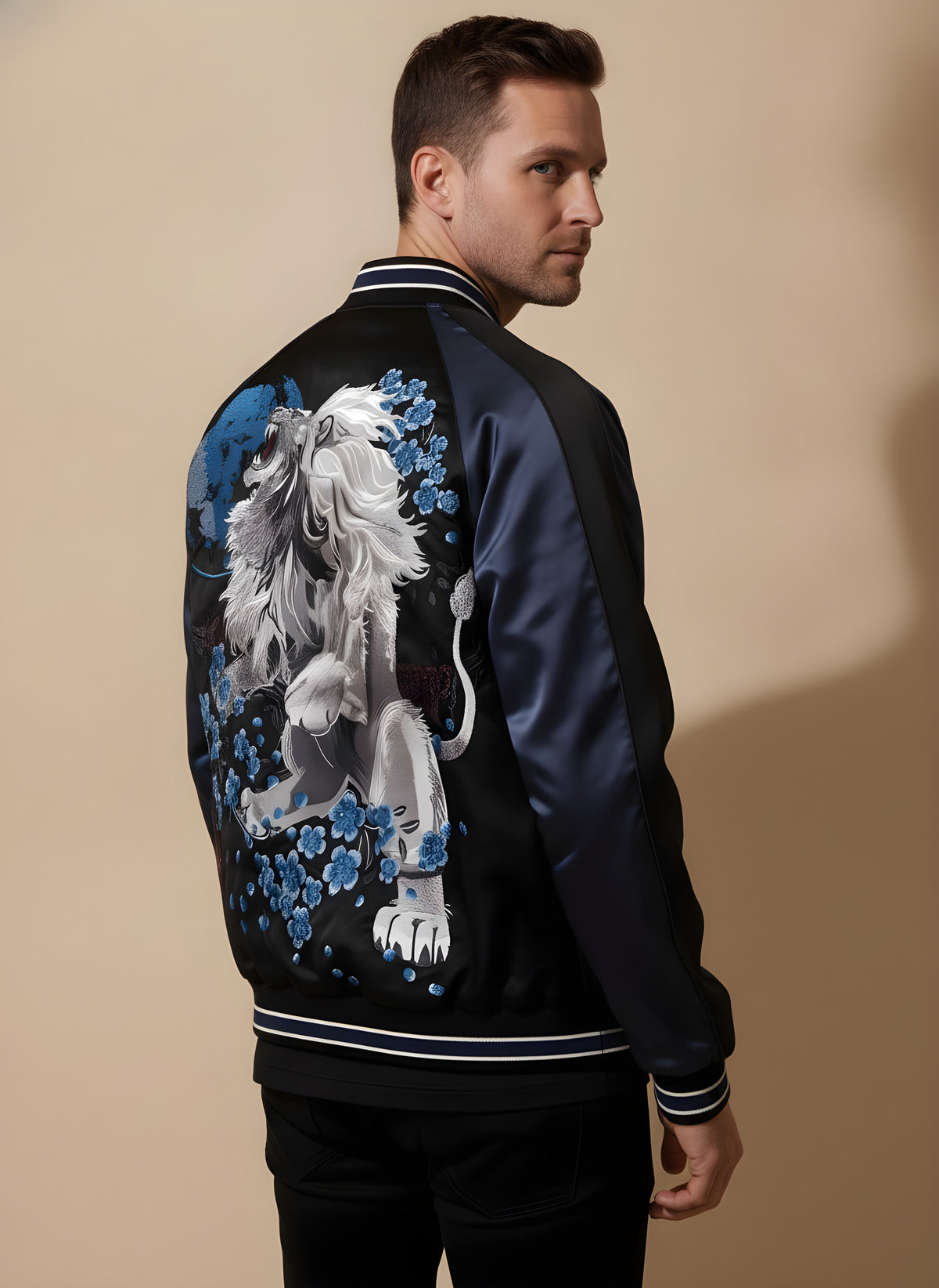 Lion & Cherry Blossom Sukajan Jacket, back view on model