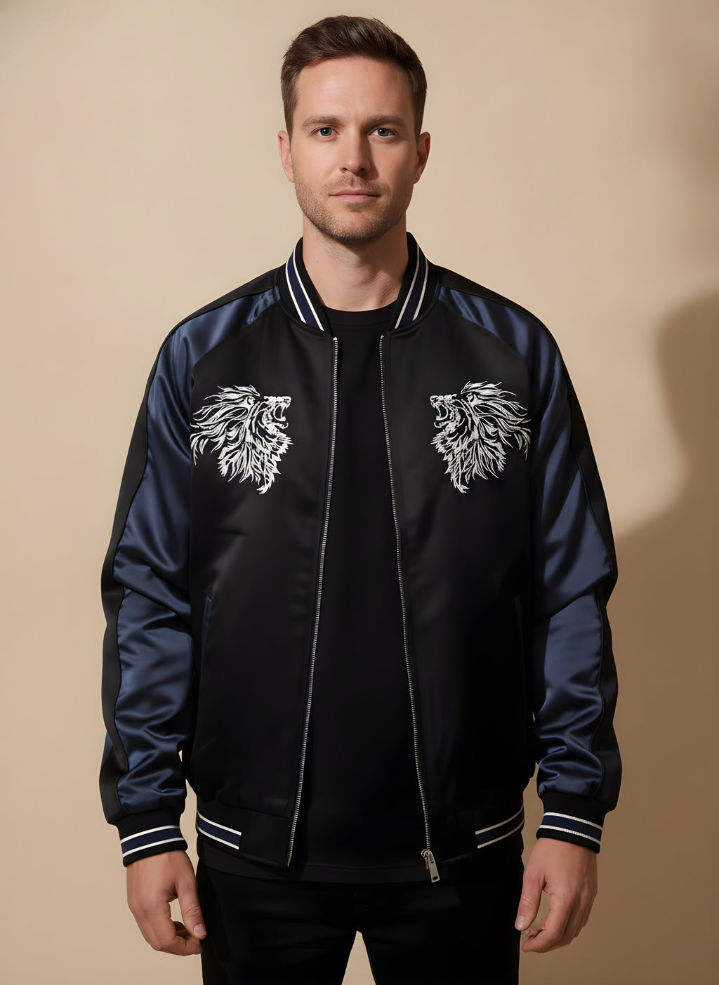 Lion & Cherry Blossom Sukajan Jacket, front view on model