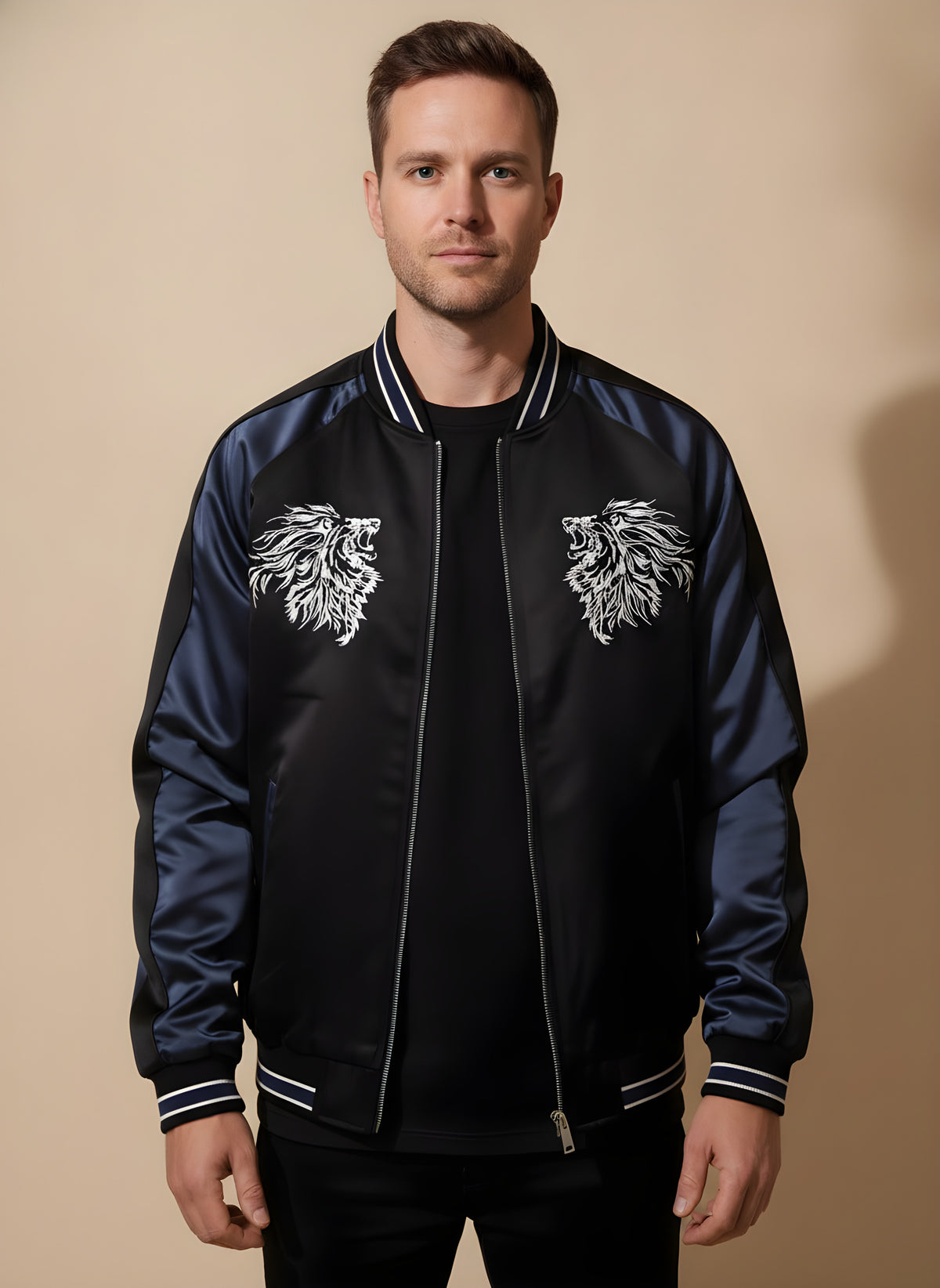 Lion & Cherry Blossom Sukajan Jacket, front view on model