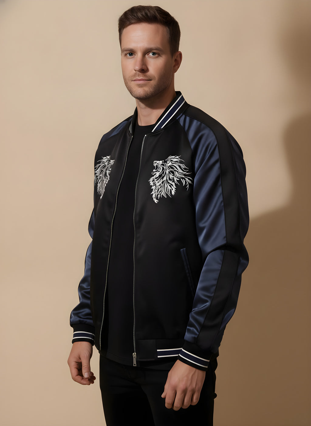 Lion & Cherry Blossom Sukajan Jacket, side view on model