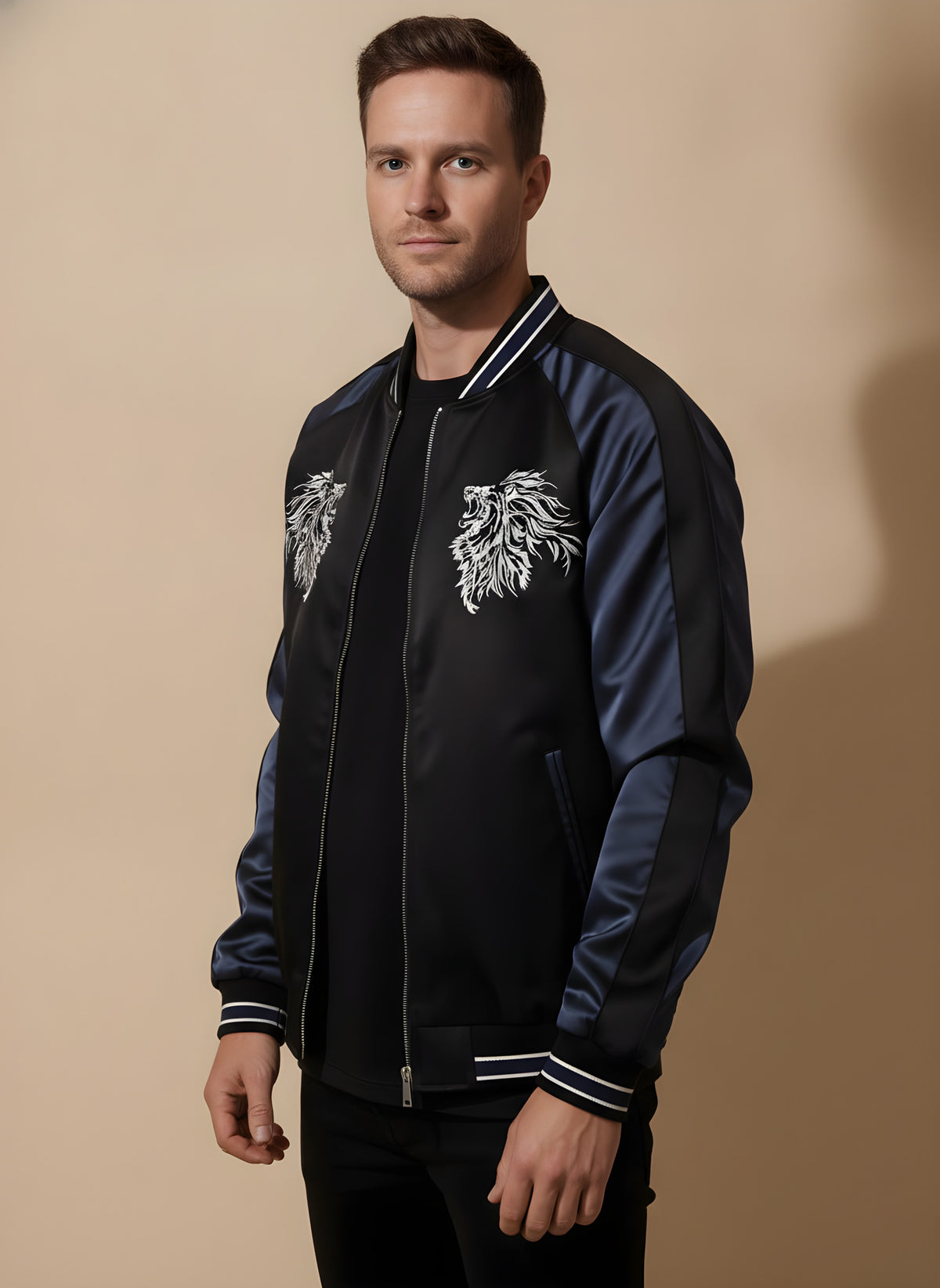 Lion & Cherry Blossom Sukajan Jacket, side view on model