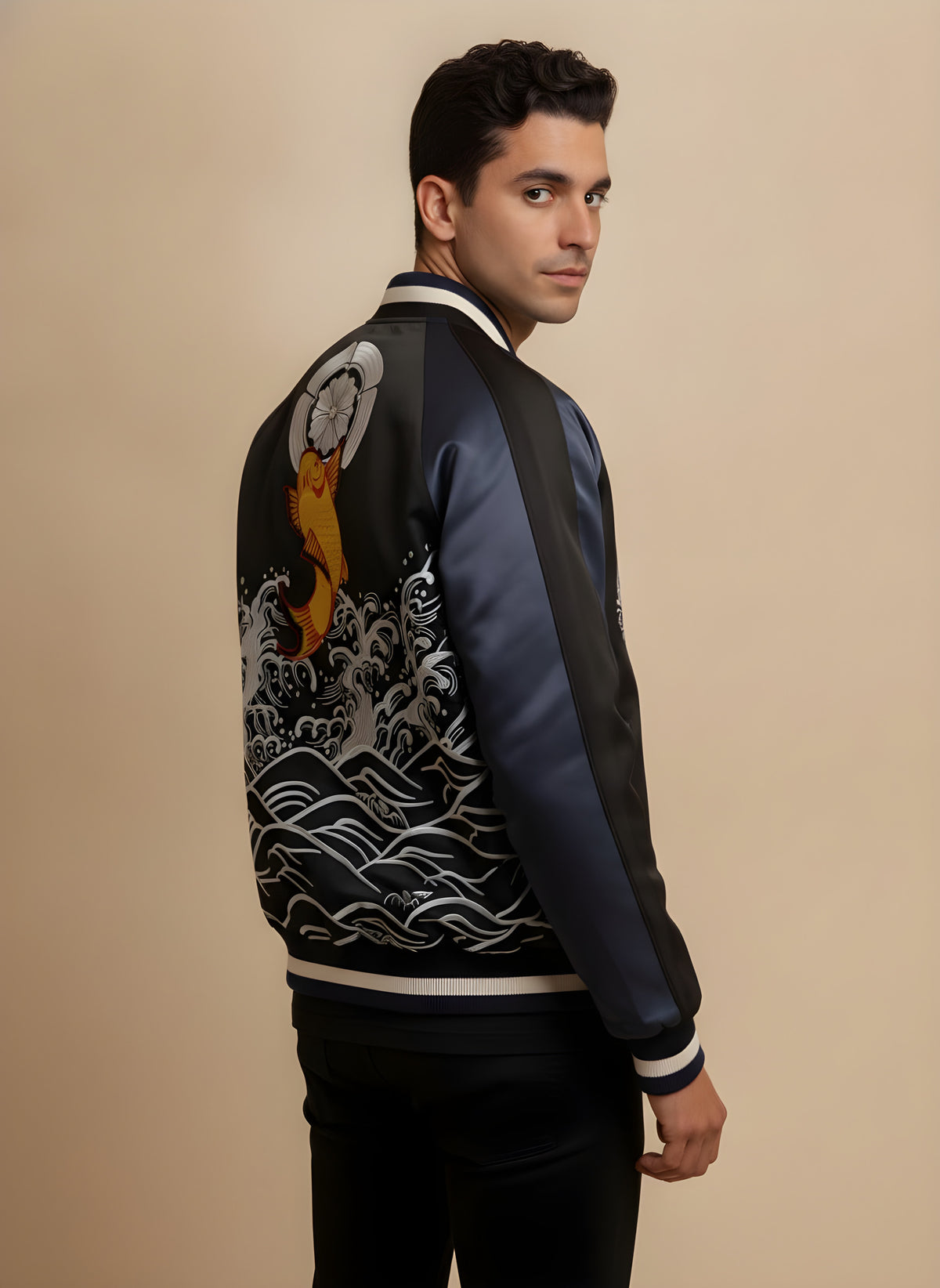 Golden Koi Embroidered Sukajan Jacket in Navy, back view on model
