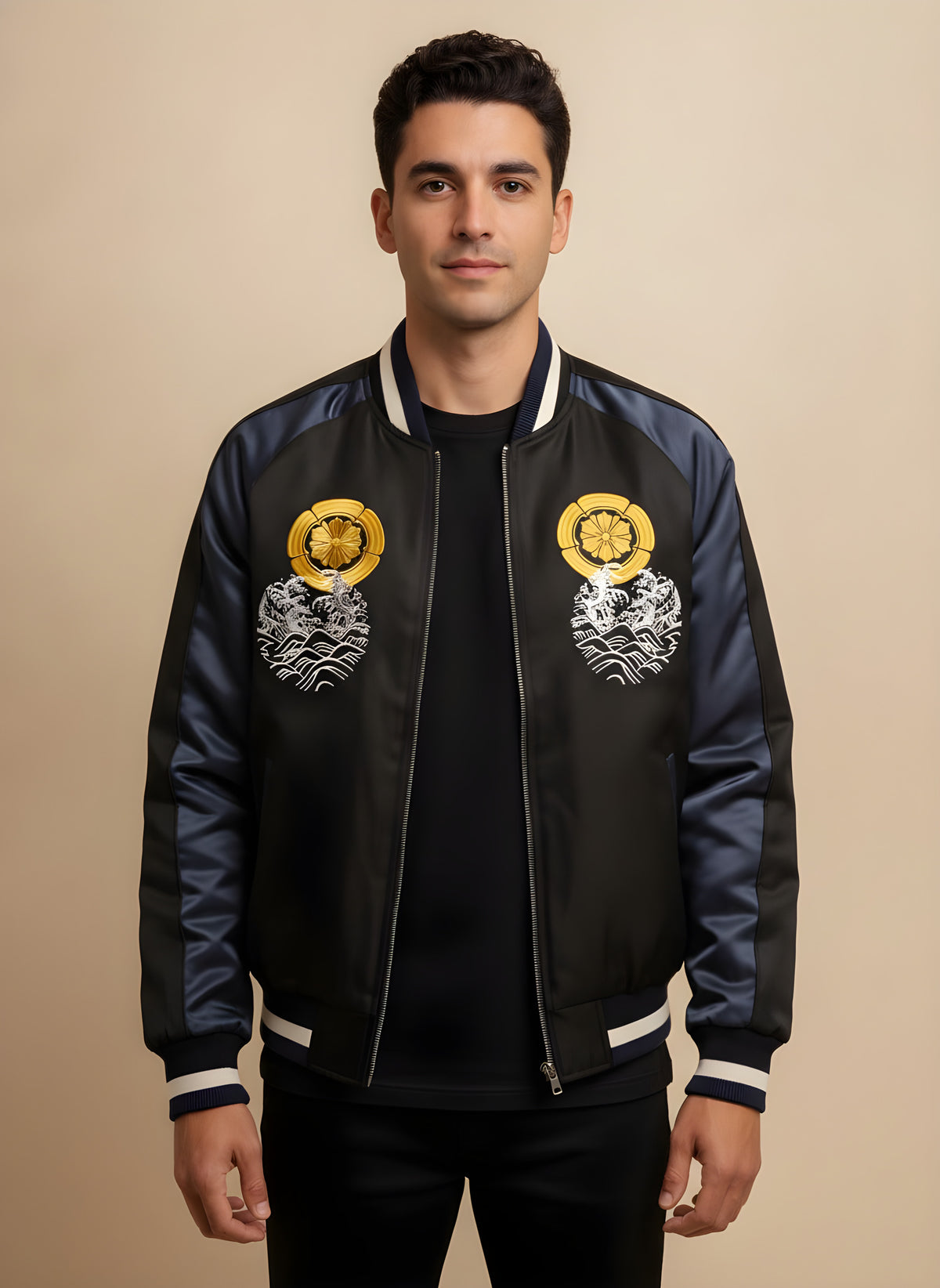 Golden Koi Embroidered Sukajan Jacket in Navy, front view on model