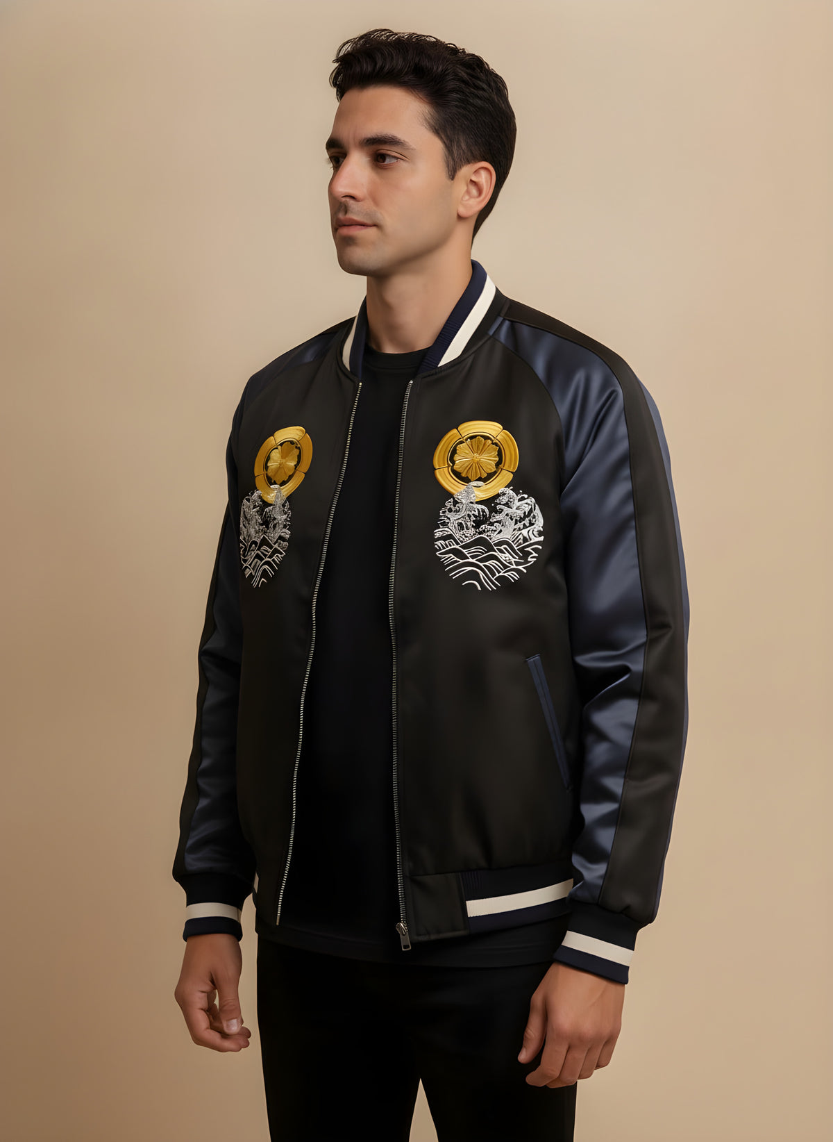 Golden Koi Embroidered Sukajan Jacket in Navy, side view on model