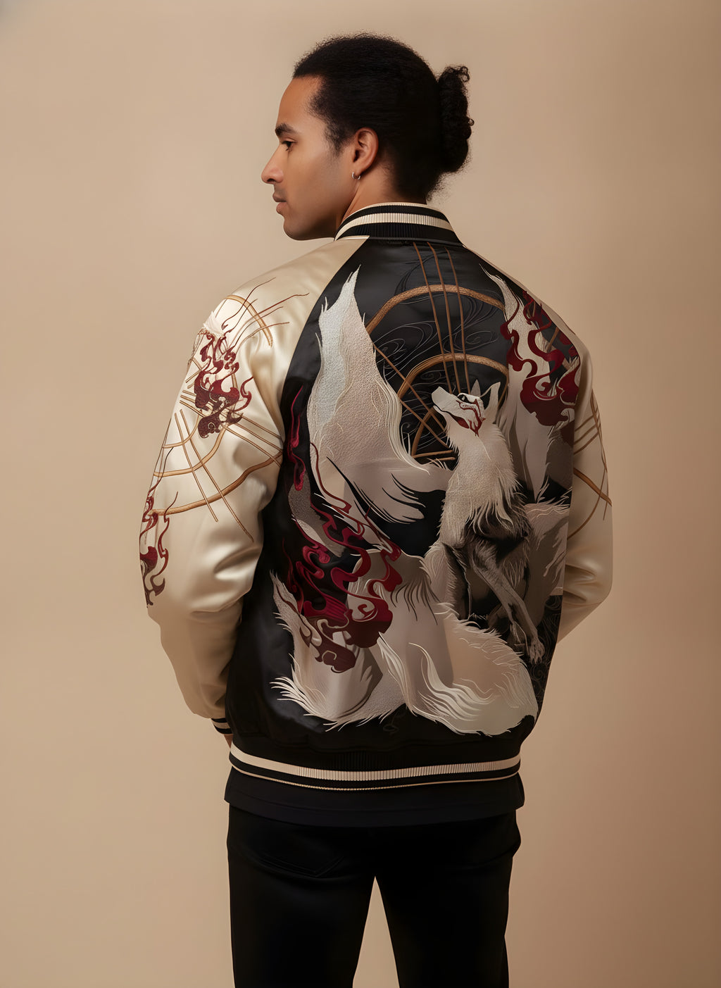Nine-Tailed Fox (Kitsune) Embroidered Jacket, back view on model