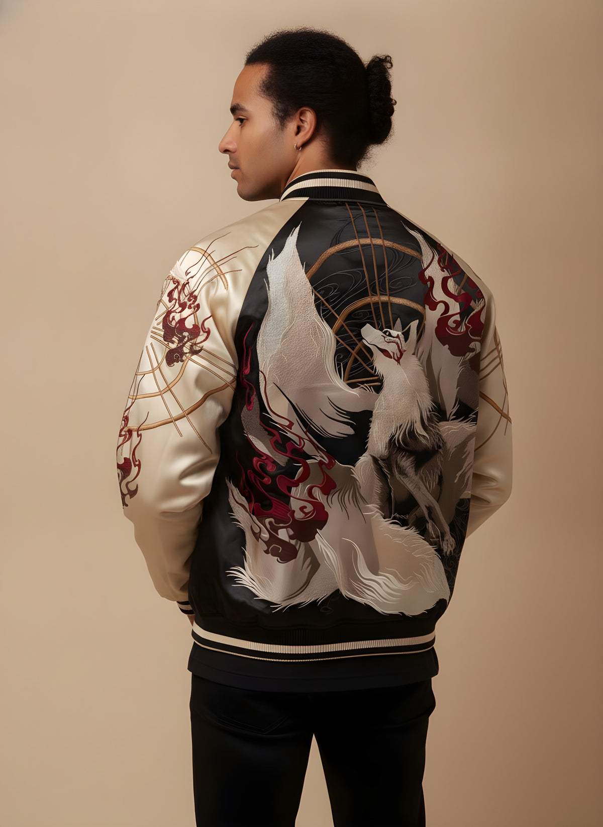 Nine-Tailed Fox (Kitsune) Embroidered Jacket, back view on model