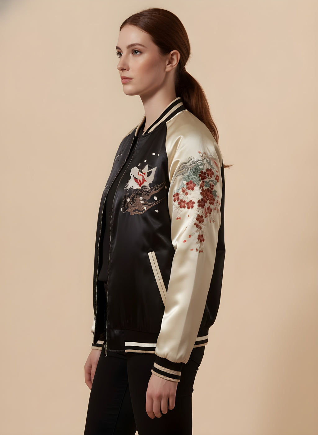 Kitsune & Peony Sukajan Jacket in Cream, side view on model