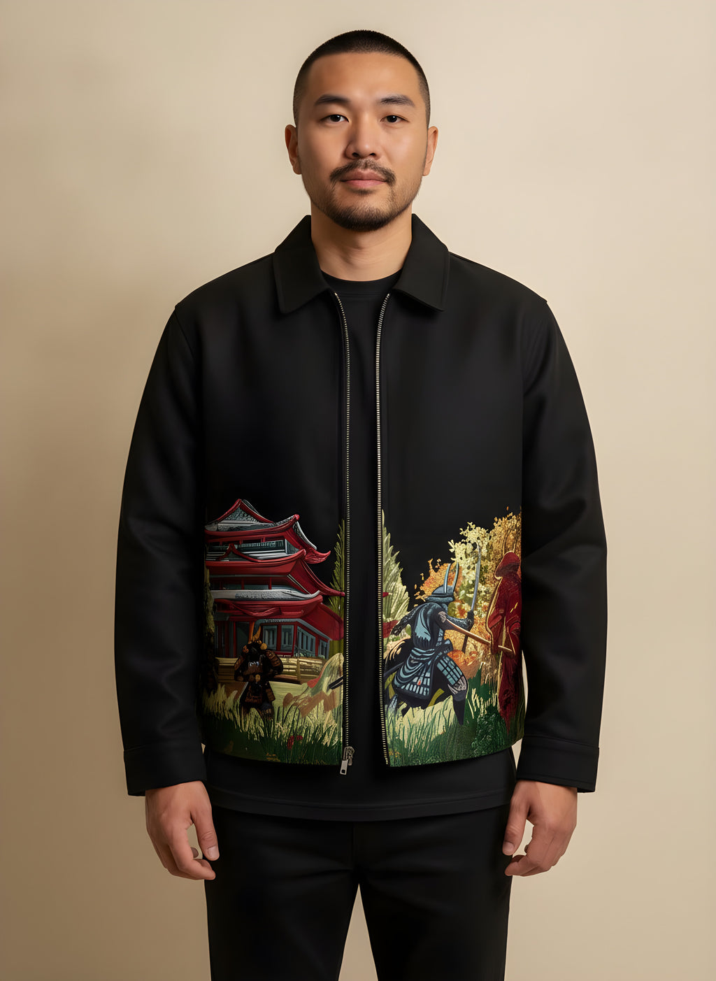 Samurai Embroidered Varsity Jacket in Black, front view on model