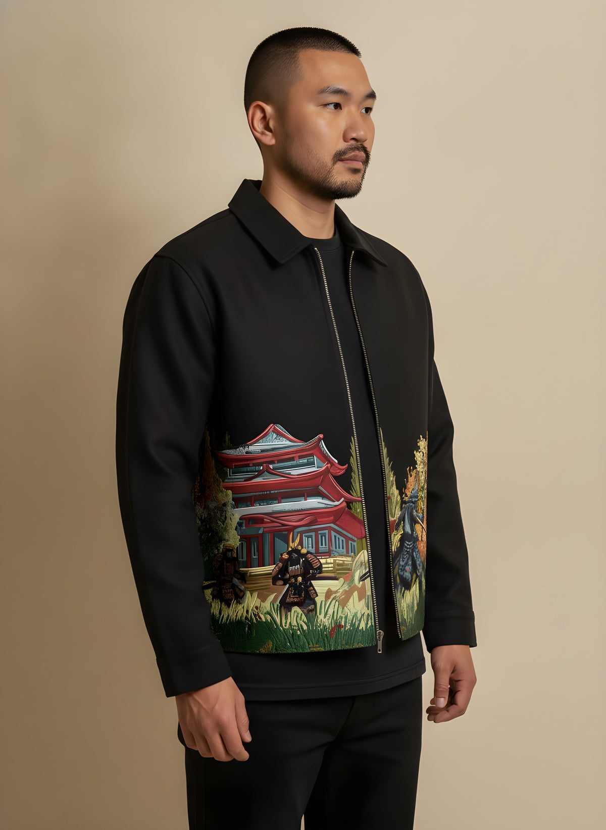Samurai Embroidered Varsity Jacket in Black, side view on model