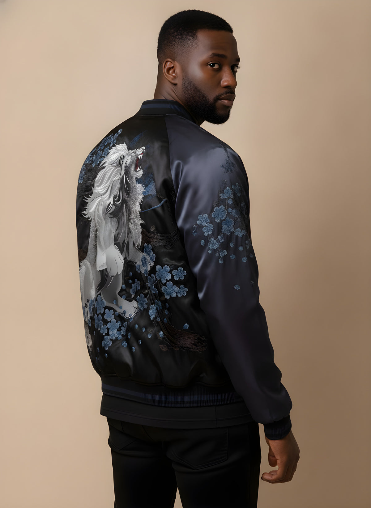 Reversible Lion Embroidered Souvenir Jacket, back view on model