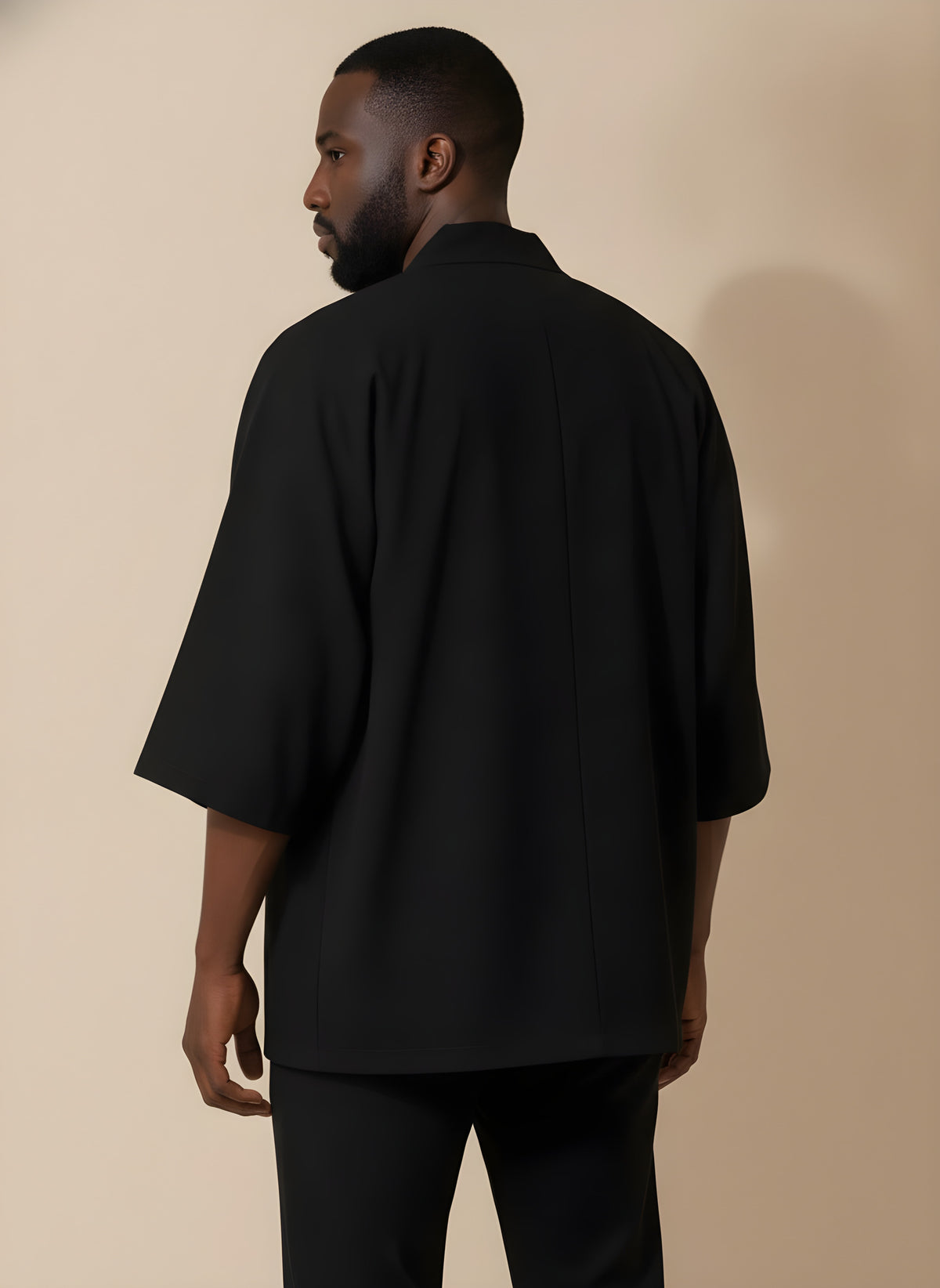 Solid Black Haori Kimono Cardigan, back view on model