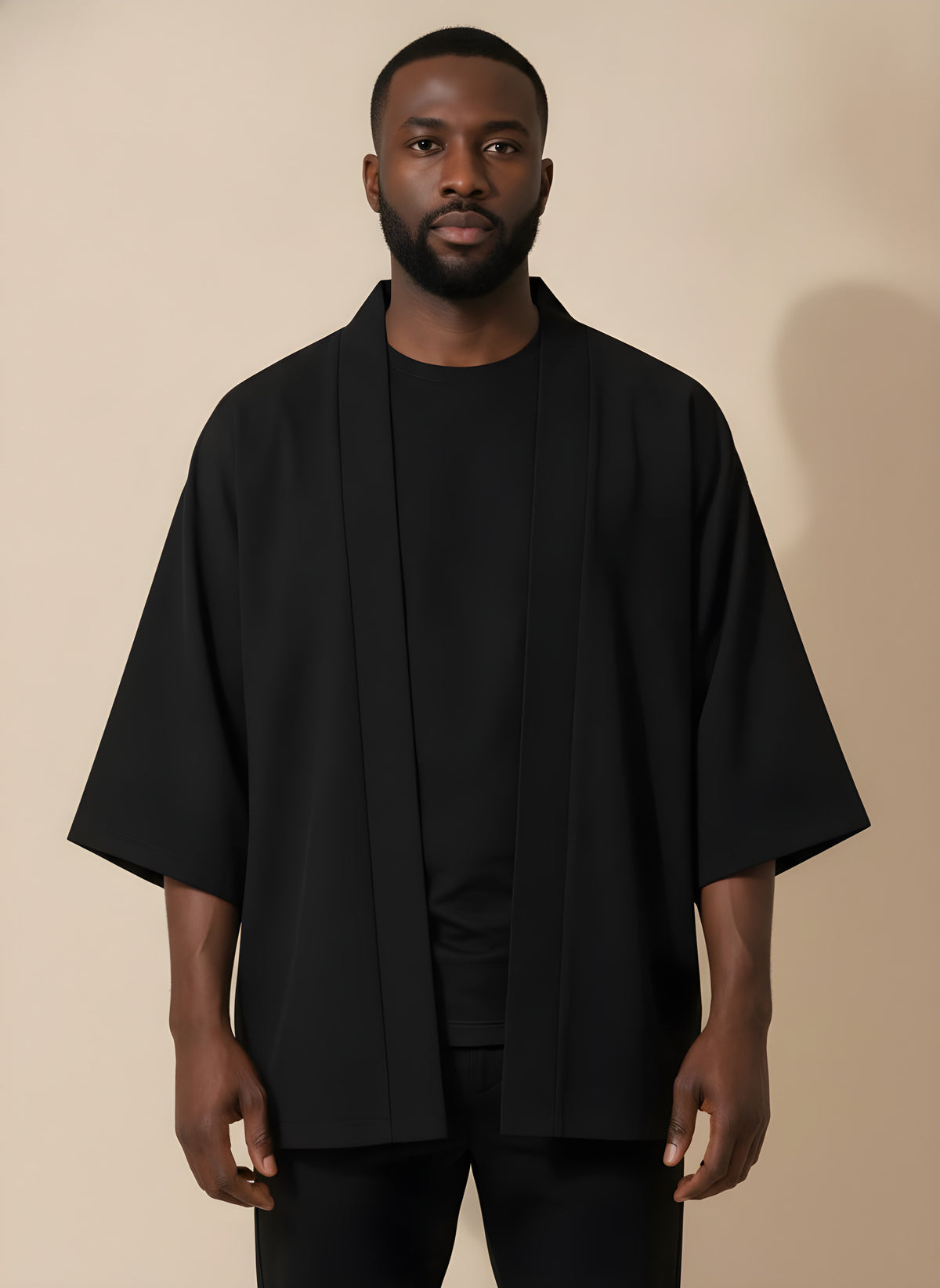 Solid Black Haori Kimono Cardigan, front view on model