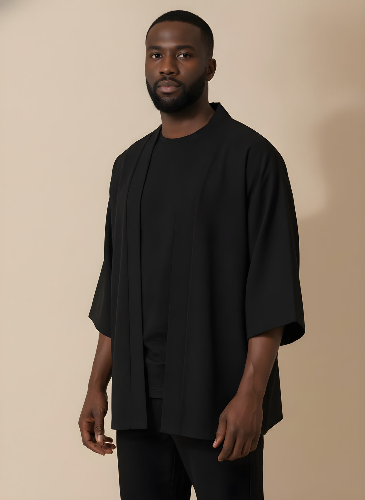 Solid Black Haori Kimono Cardigan, side view on model