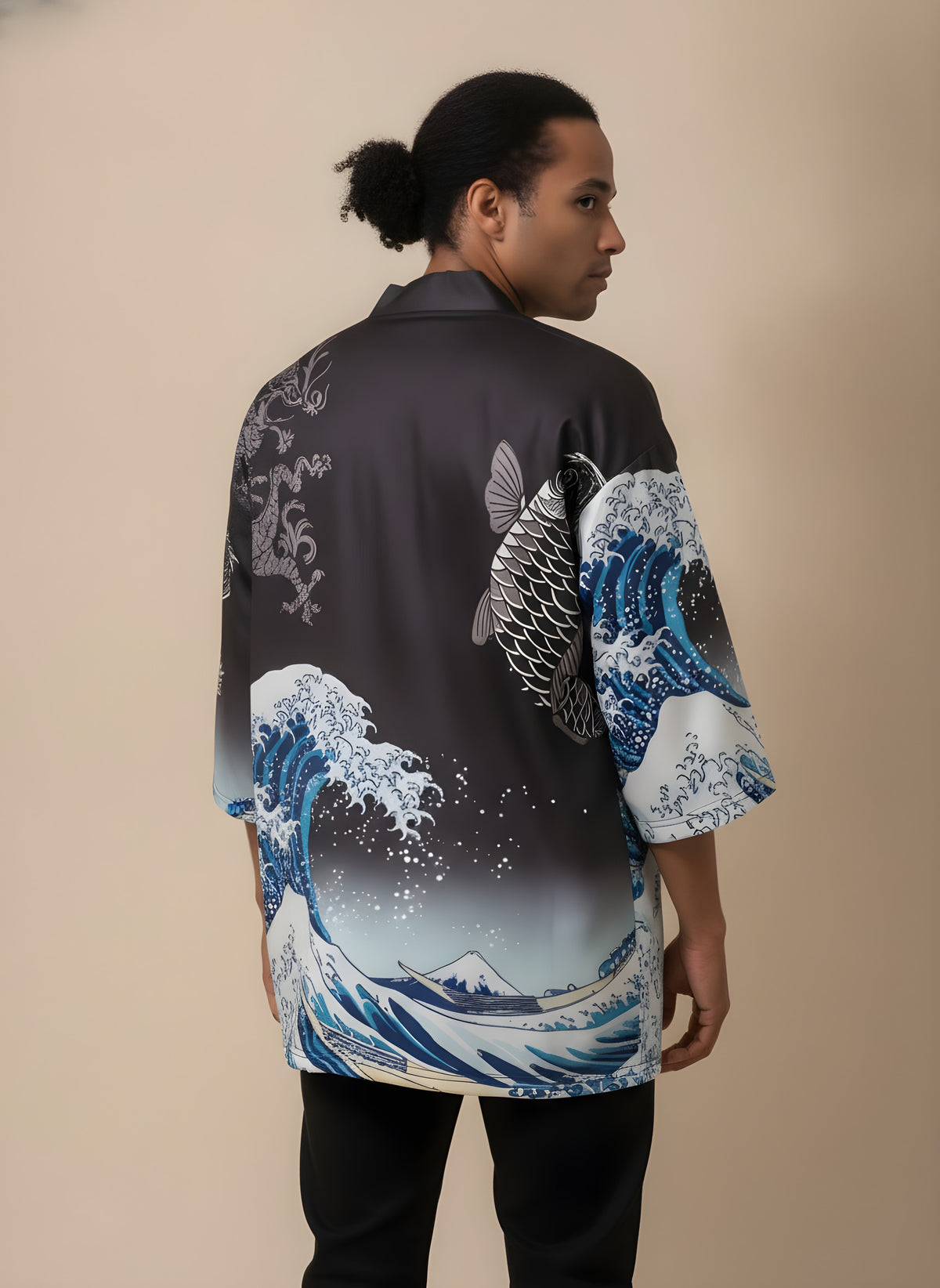 Great Wave & Koi Kimono Cardigan in Black Fade, back view on model